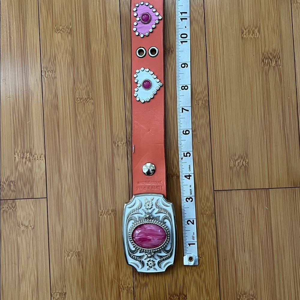 Retro Jeri Hart Design Pink Orange Leather Studded Jeweled Heart Western Belt - Picture 8 of 15